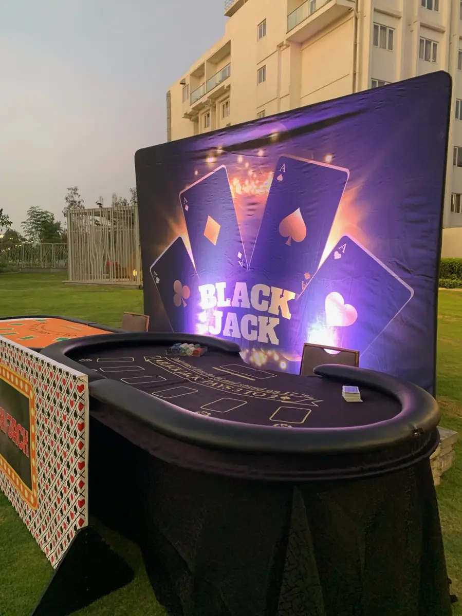 Blackjack table and backdrop at dusk