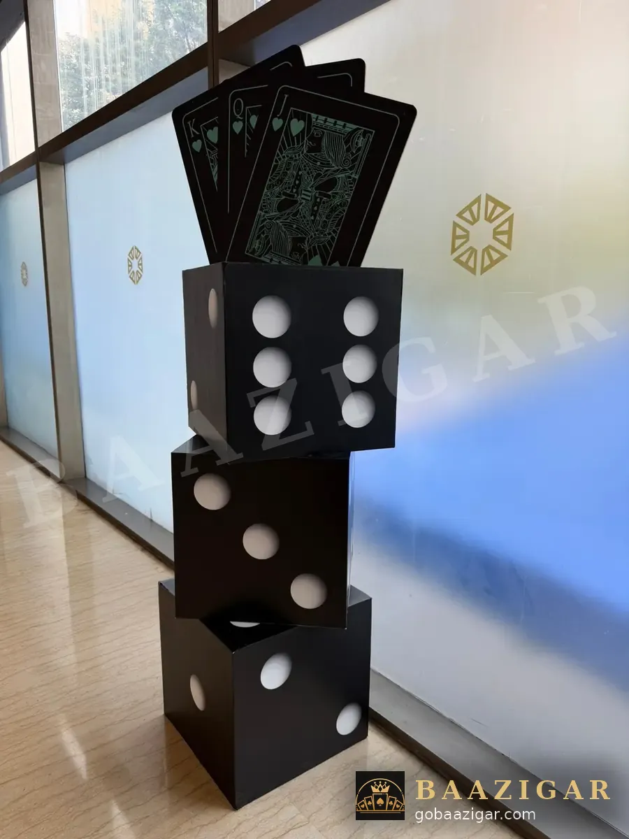 Giant dice and card tower décor