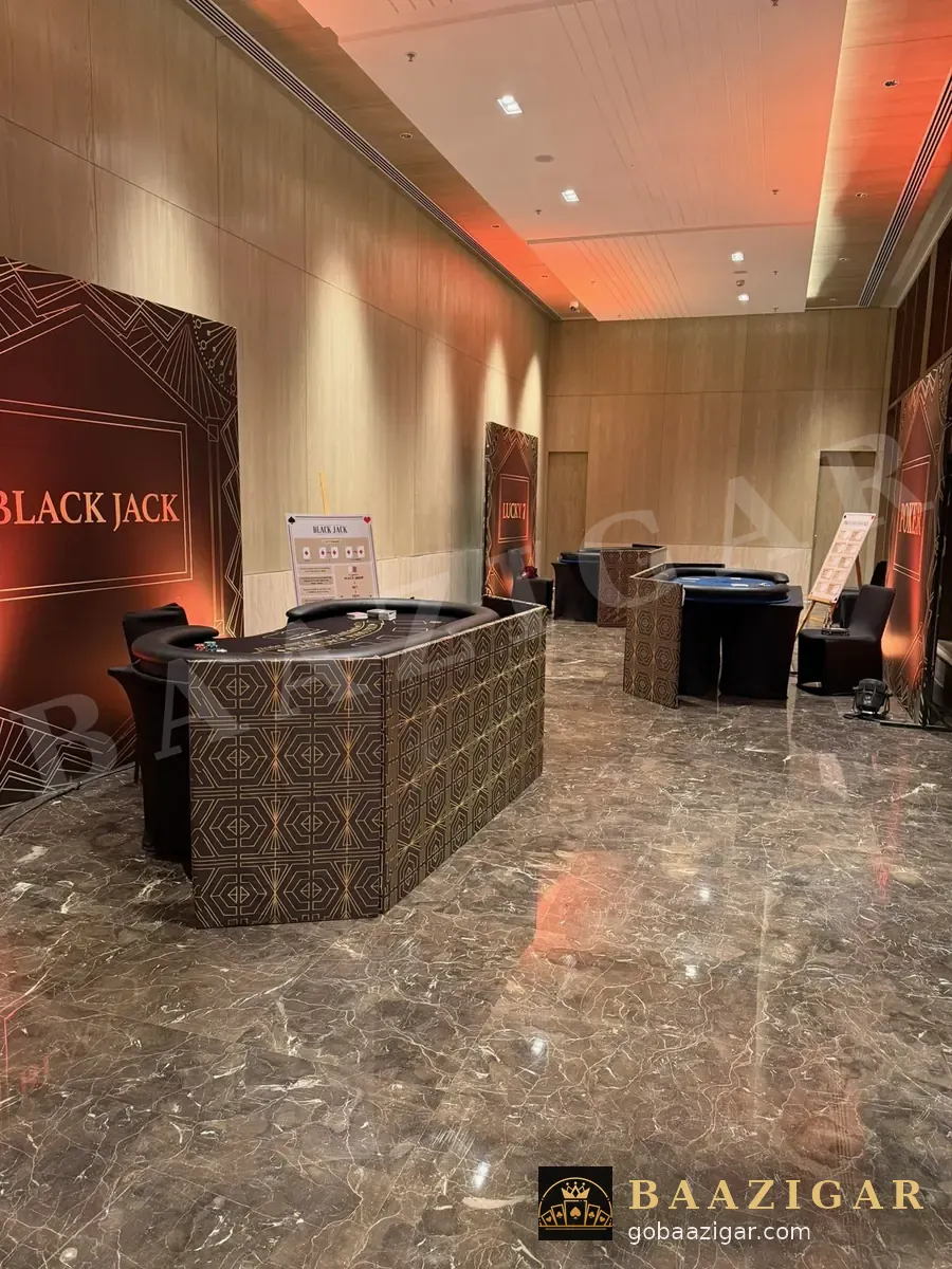 Casino tables set up along a hotel pre-function area