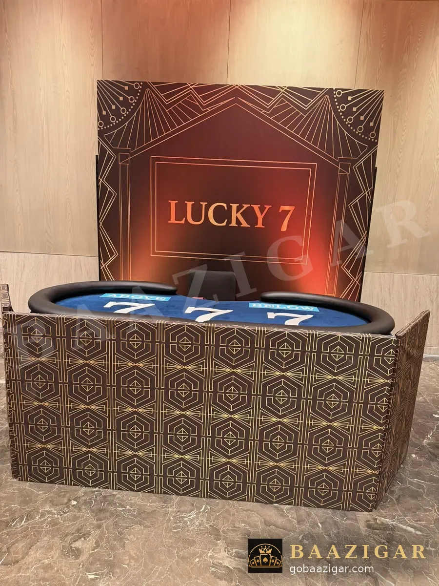 Lucky 7 table with an art-deco backdrop in a hotel foyer