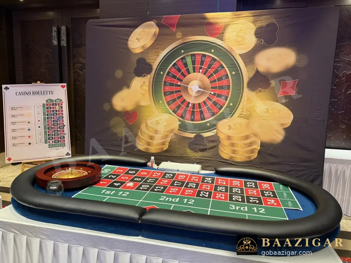 Roulette table and wheel with a gold backdrop