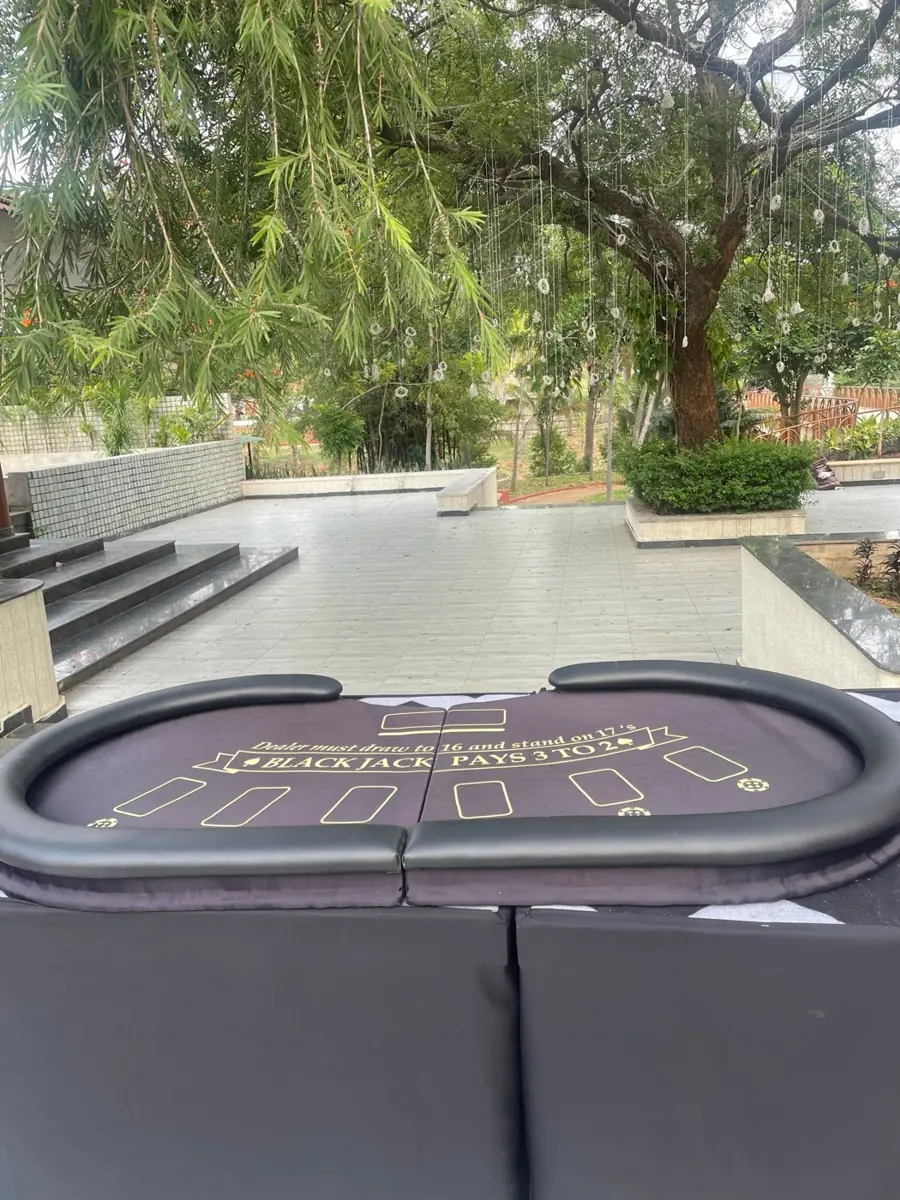 Blackjack table set up in a garden
