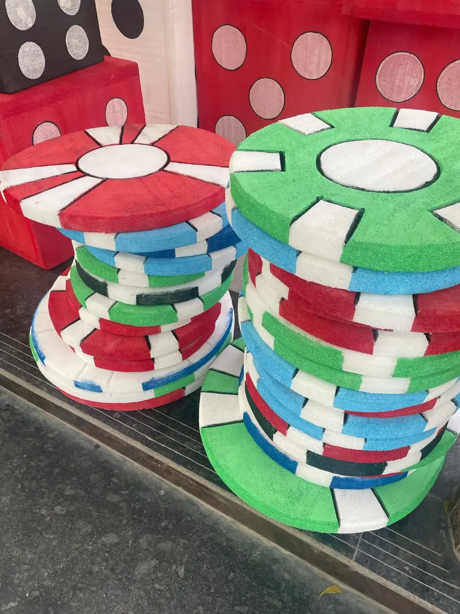 Giant casino chip stacks used as party décor