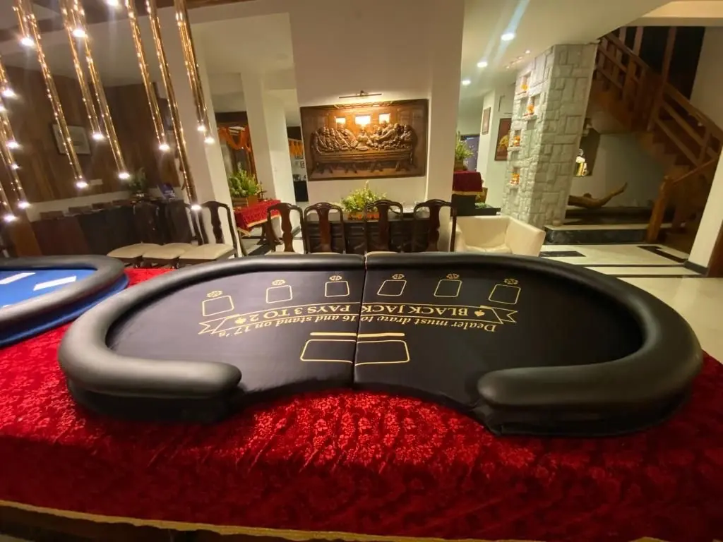 Blackjack table set up in a living room