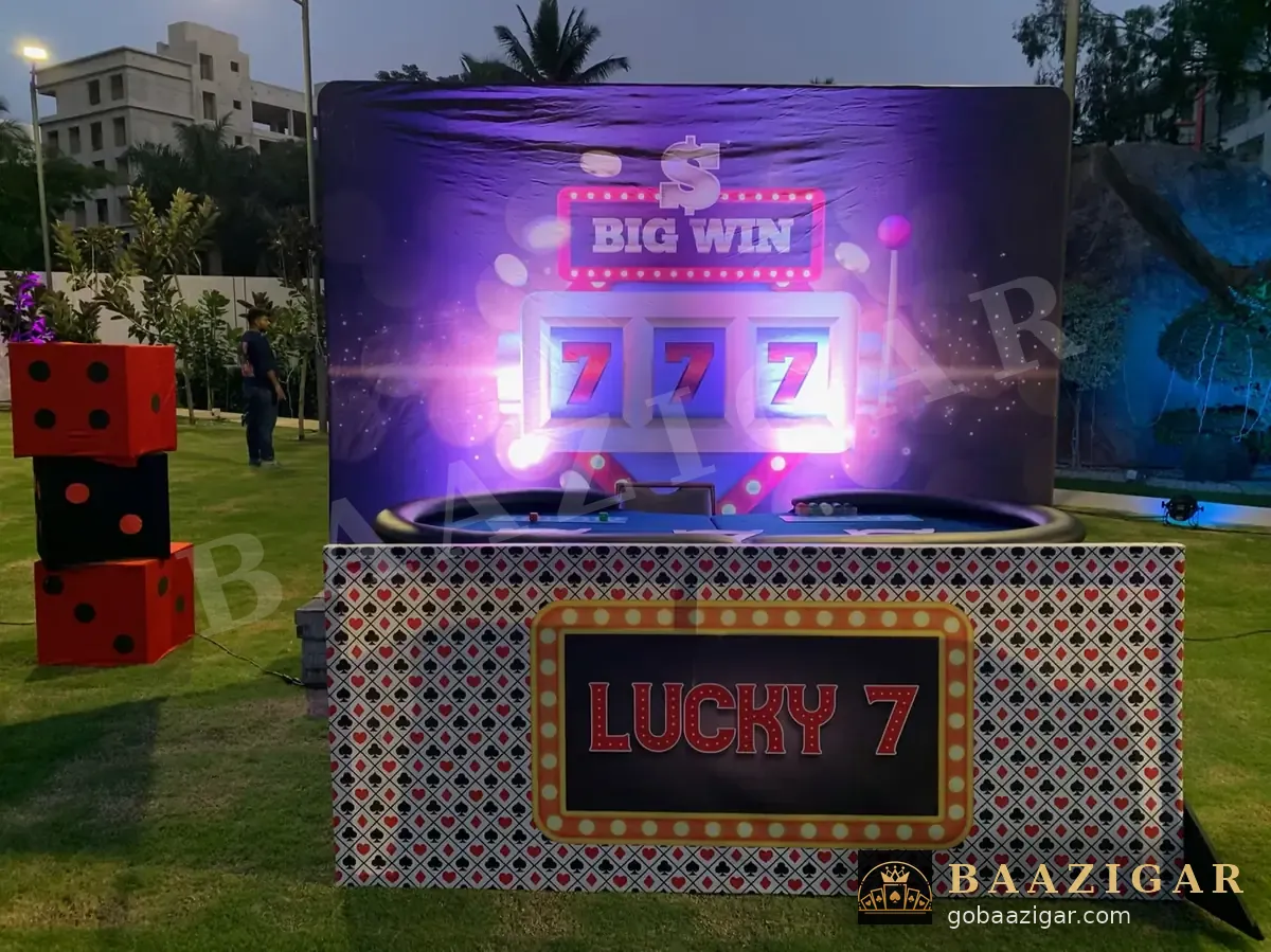 Lucky 7 station lit up at an evening corporate event