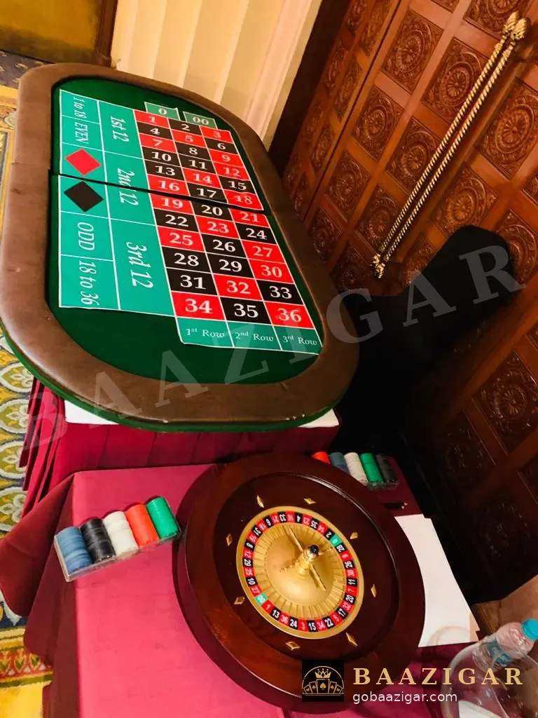 Roulette layout and wheel set up with fun chips