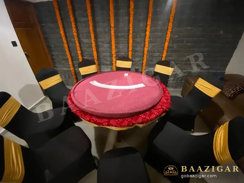 Round card table with chairs set up for a private party