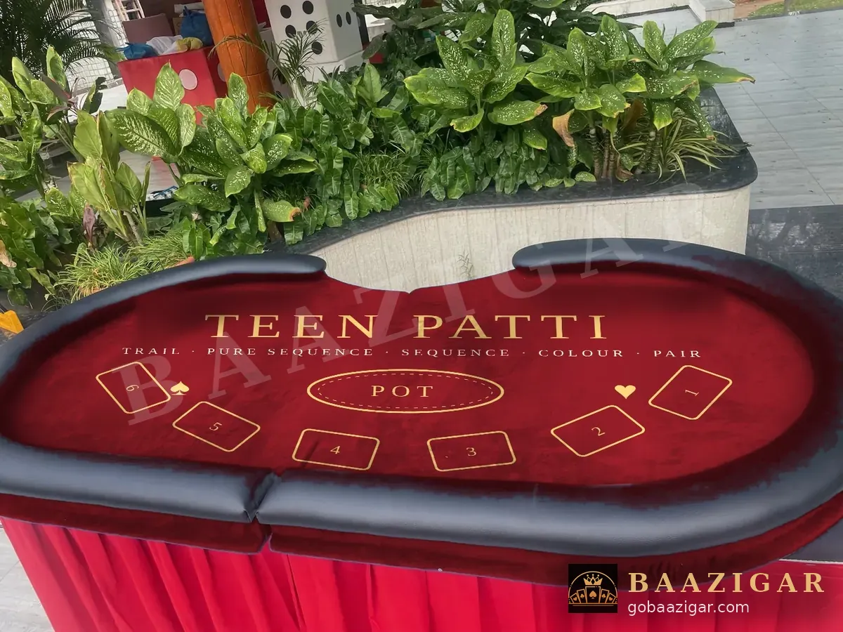 Teen Patti felt design shown on a Baazigar table